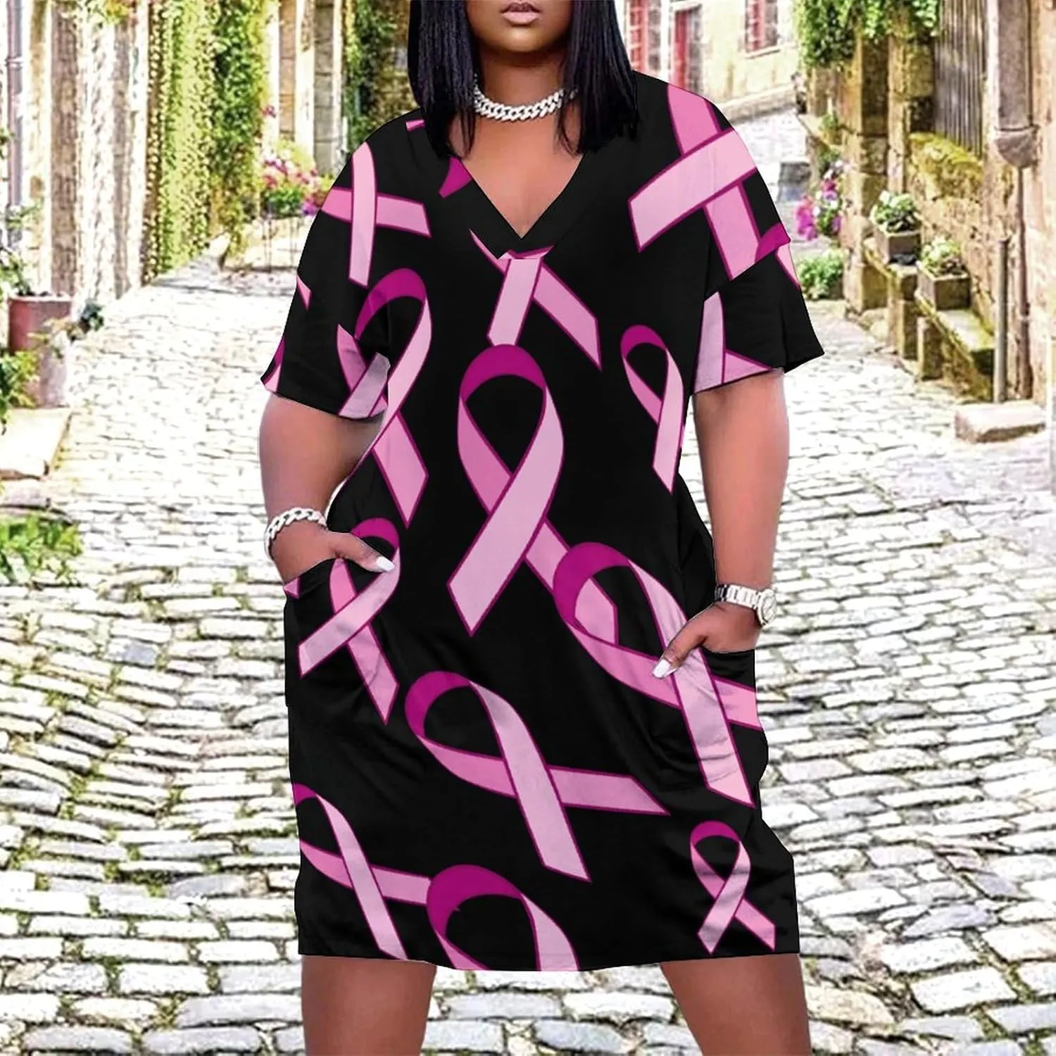 Ribbon Breast Cancer Awareness Women's Summer Dresses Beach Casual Loose Short Sleeve Sundresses with Pockets
