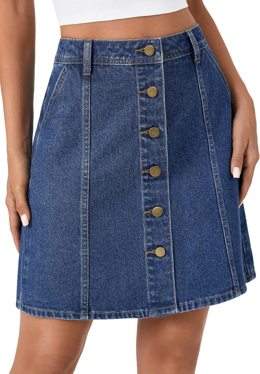 Rooscier Women's Button Down High Waisted A Line Jean Mini Denim Skirt with Pockets