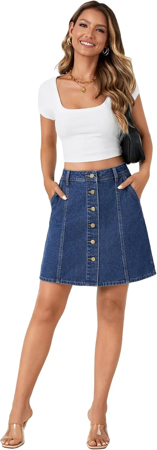Rooscier Women's Button Down High Waisted A Line Jean Mini Denim Skirt with Pockets