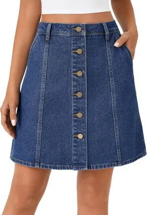 Rooscier Women's Button Down High Waisted A Line Jean Mini Denim Skirt with Pockets