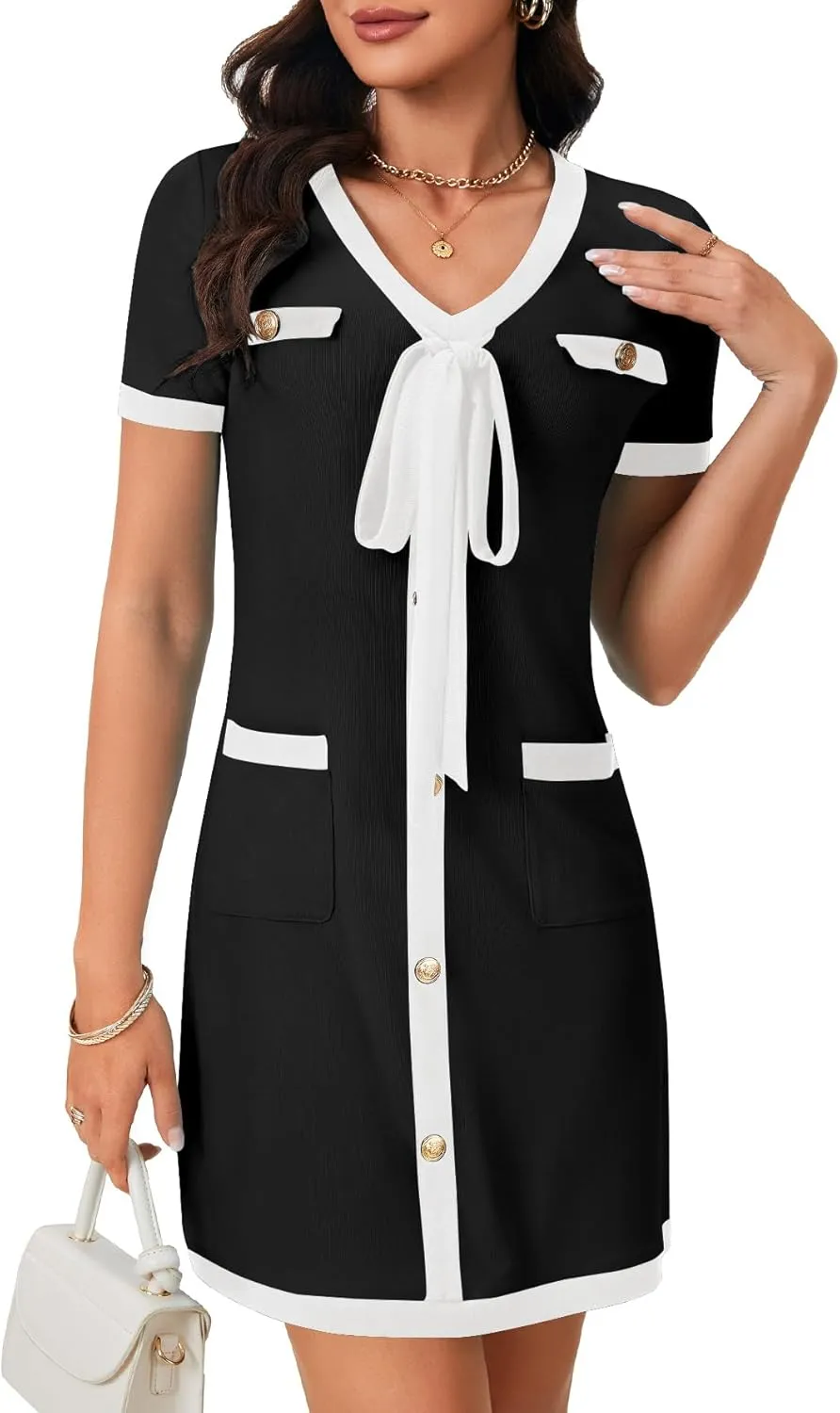 Rooscier Women's Short Sleeve Color Block Dress Button Bow Elegant Formal Work Mini Dress