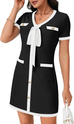 Rooscier Women's Short Sleeve Color Block Dress Button Bow Elegant Formal Work Mini Dress