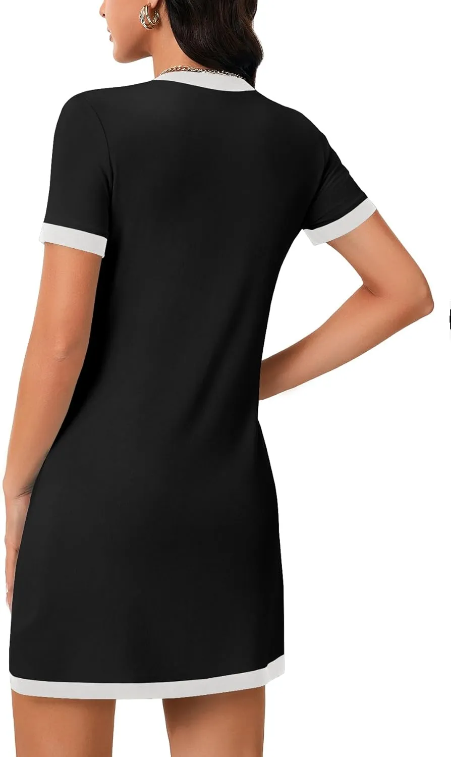 Rooscier Women's Short Sleeve Color Block Dress Button Bow Elegant Formal Work Mini Dress