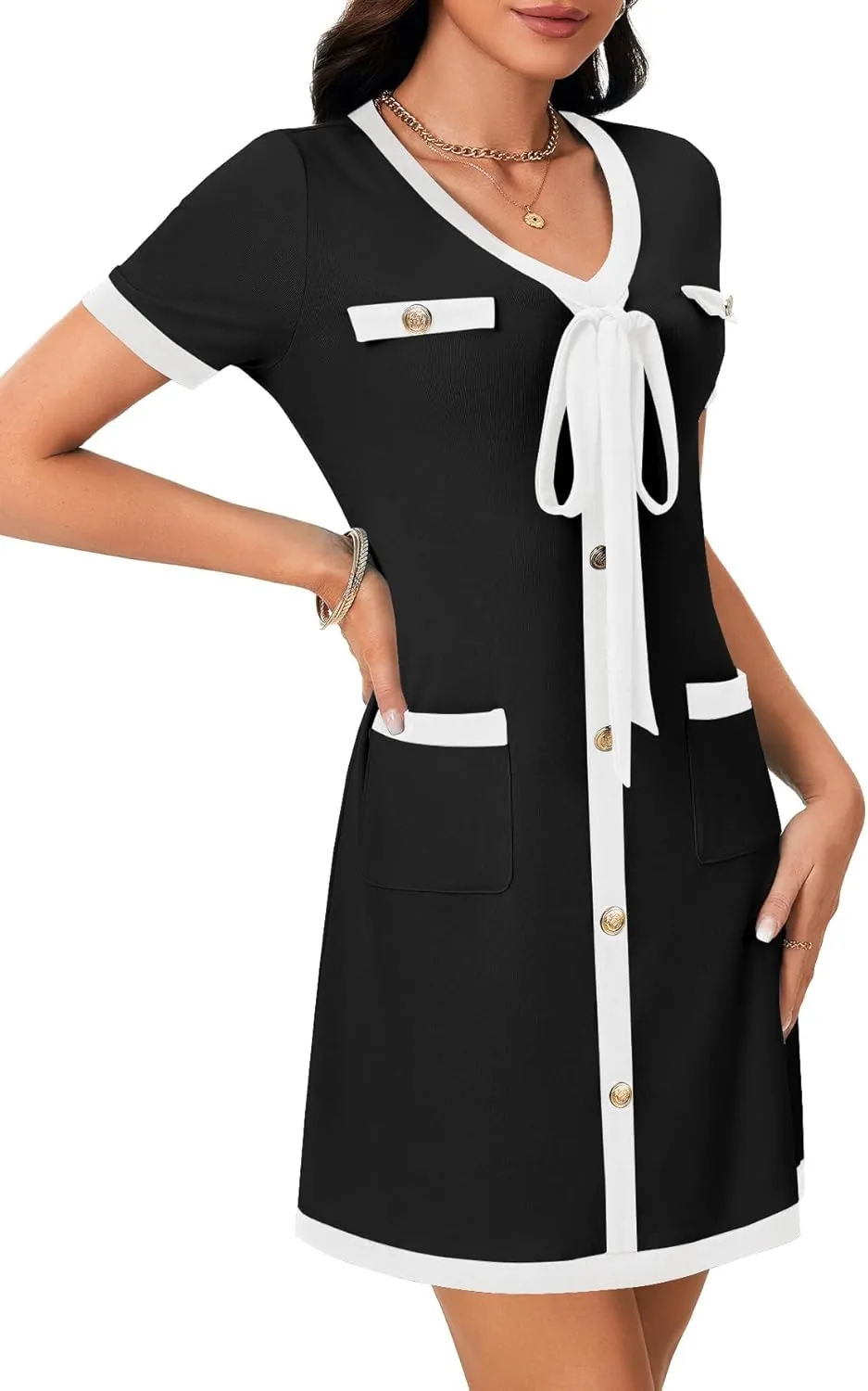 Rooscier Women's Short Sleeve Color Block Dress Button Bow Elegant Formal Work Mini Dress