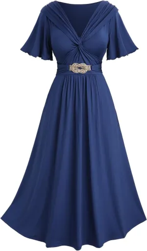 Rosegal Women Plus Size Elegant Summer DressA Line Midi Flowy Flutter Short Sleeve Dress with Pockets