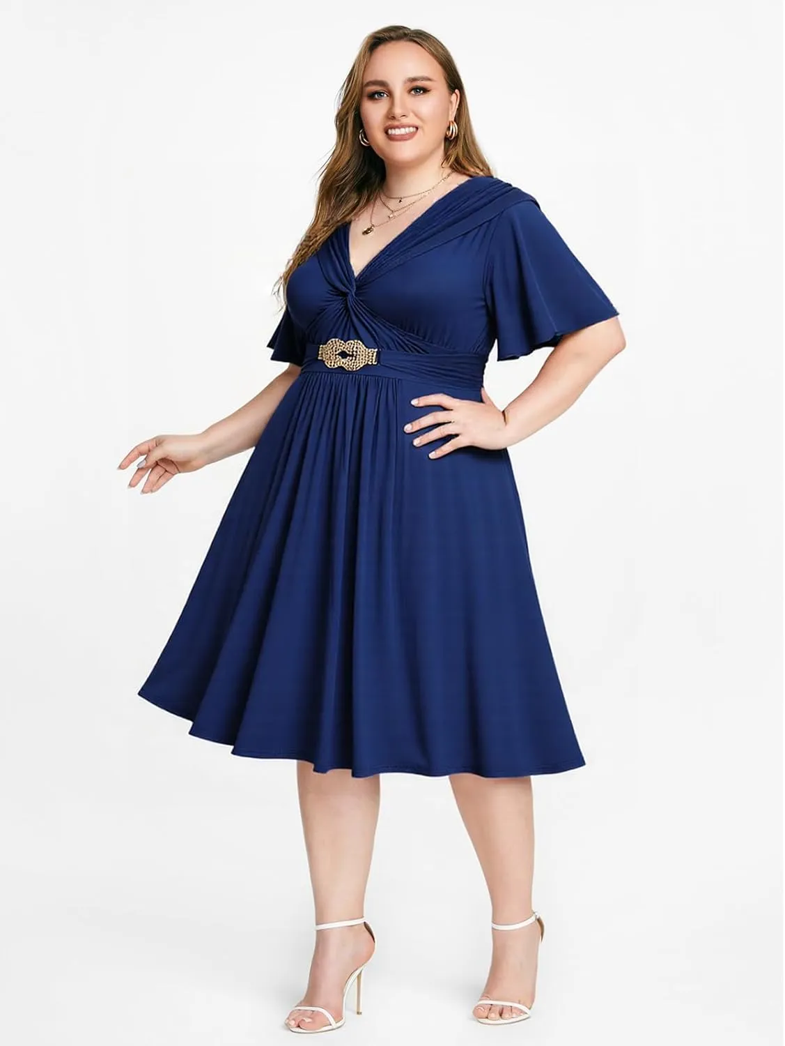 Rosegal Women Plus Size Elegant Summer DressA Line Midi Flowy Flutter Short Sleeve Dress with Pockets