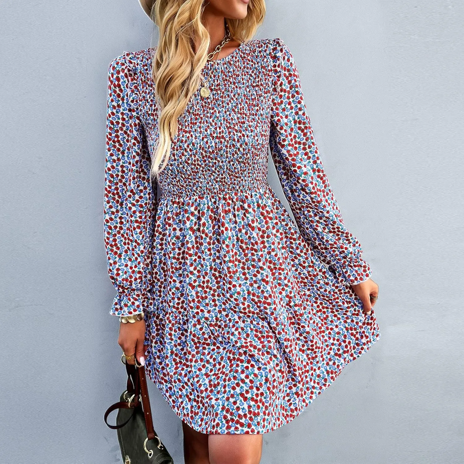 Ruffle Long Sleeve Crewneck Elastic Waist Floral A line Short Dress Womens Fall Winter Casual Mini Dresses