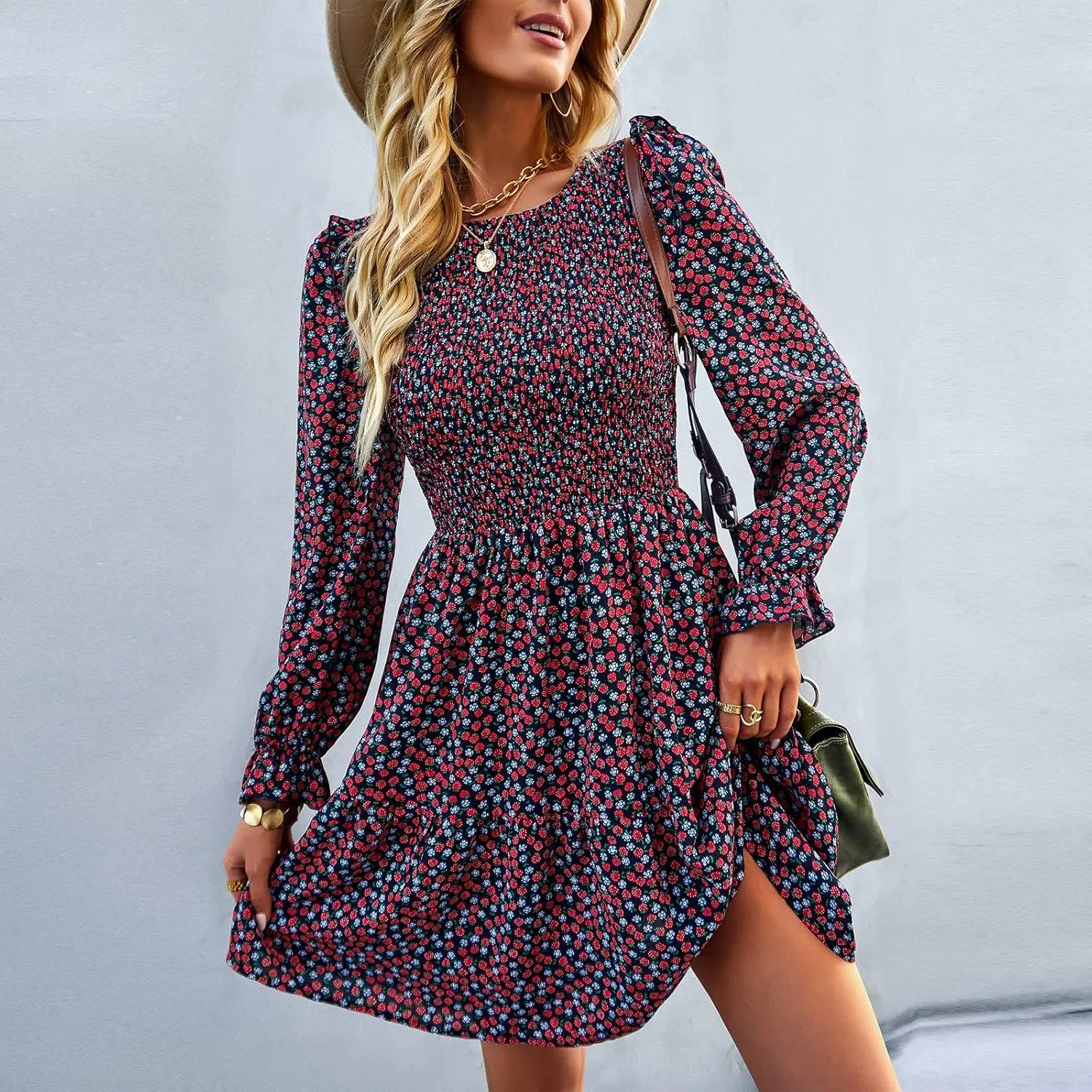 Ruffle Long Sleeve Crewneck Elastic Waist Floral A line Short Dress Womens Fall Winter Casual Mini Dresses