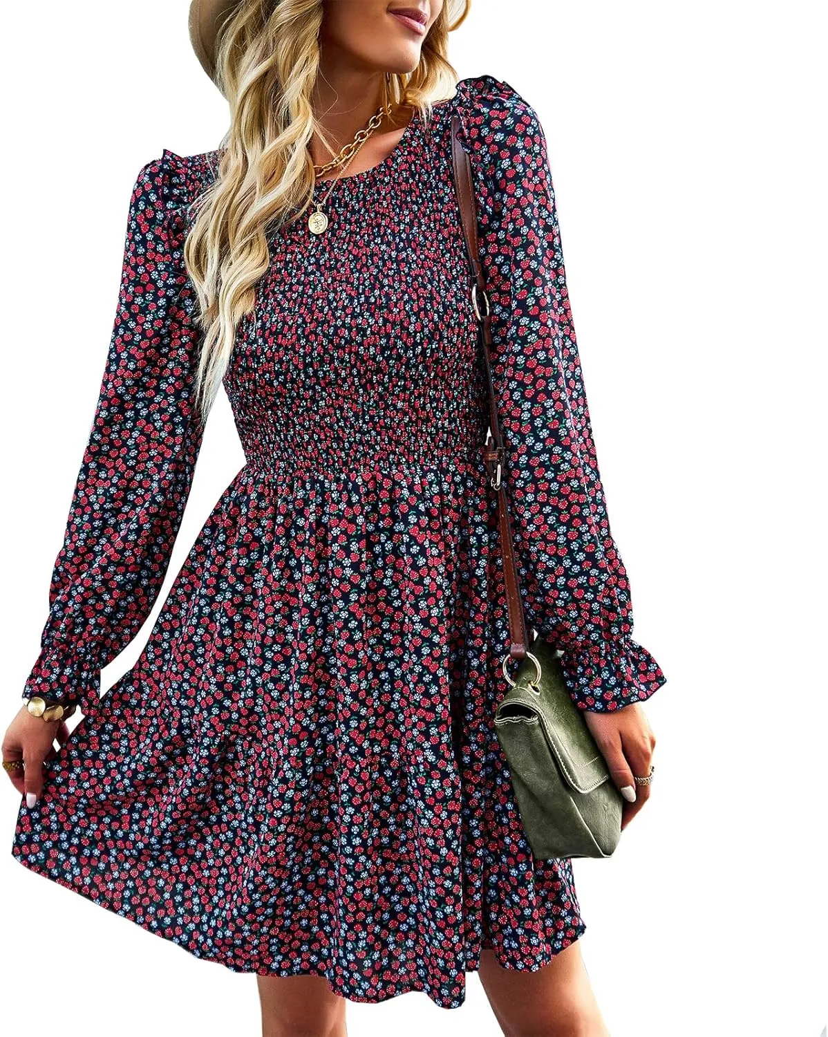 Ruffle Long Sleeve Crewneck Elastic Waist Floral A line Short Dress Womens Fall Winter Casual Mini Dresses