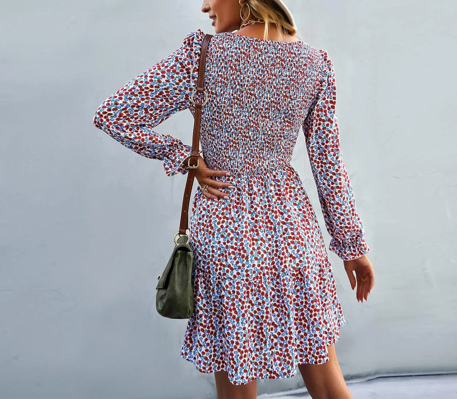 Ruffle Long Sleeve Crewneck Elastic Waist Floral A line Short Dress Womens Fall Winter Casual Mini Dresses