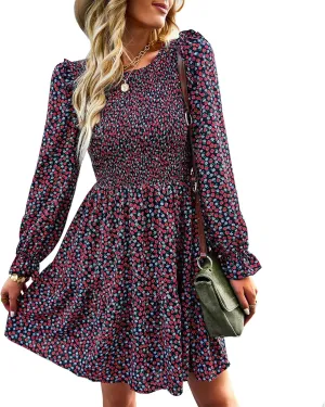 Ruffle Long Sleeve Crewneck Elastic Waist Floral A line Short Dress Womens Fall Winter Casual Mini Dresses