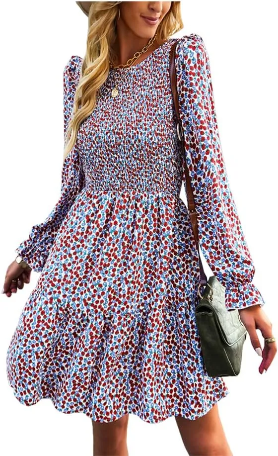Ruffle Long Sleeve Crewneck Elastic Waist Floral A line Short Dress Womens Fall Winter Casual Mini Dresses