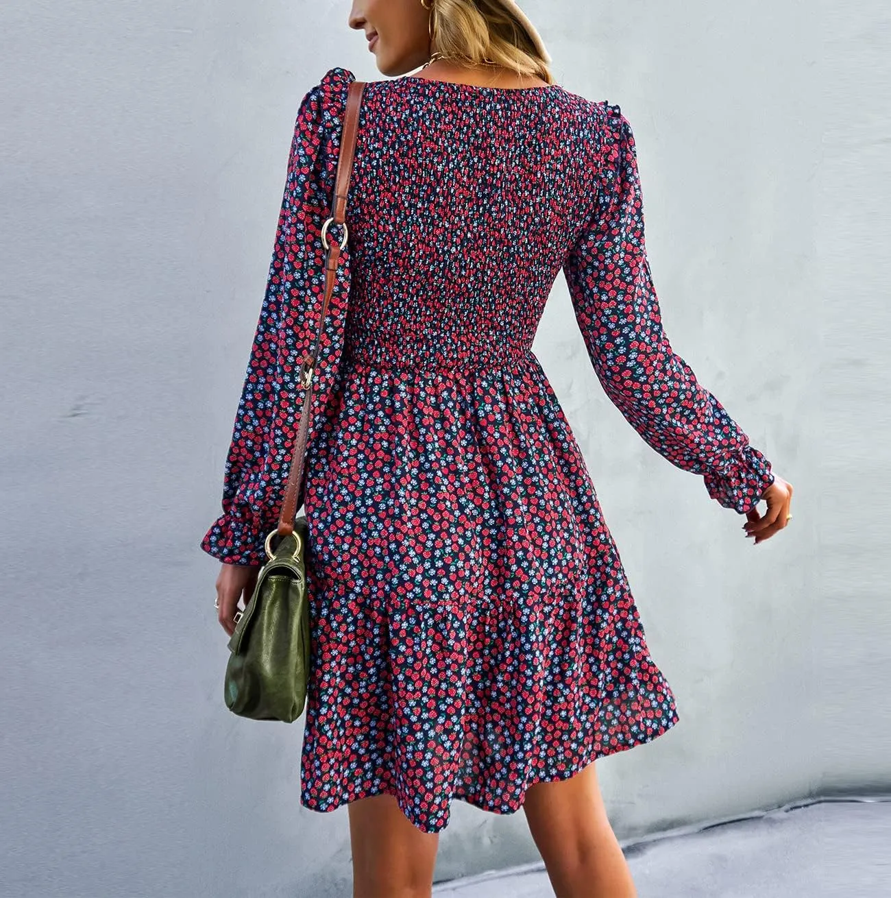Ruffle Long Sleeve Crewneck Elastic Waist Floral A line Short Dress Womens Fall Winter Casual Mini Dresses