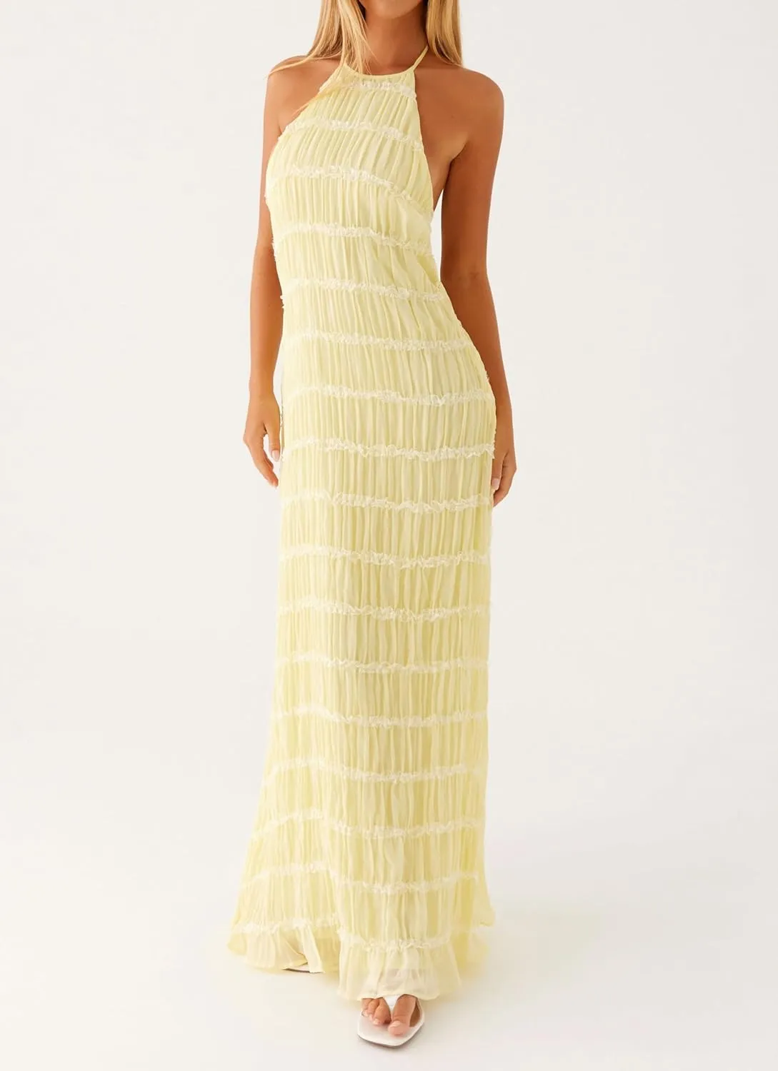 Sastianaen Women Summer Halter Neck Backless Maxi Dress Y2K Sexy Cut Out Flowy Tiered Ruffle Beach Long Dress