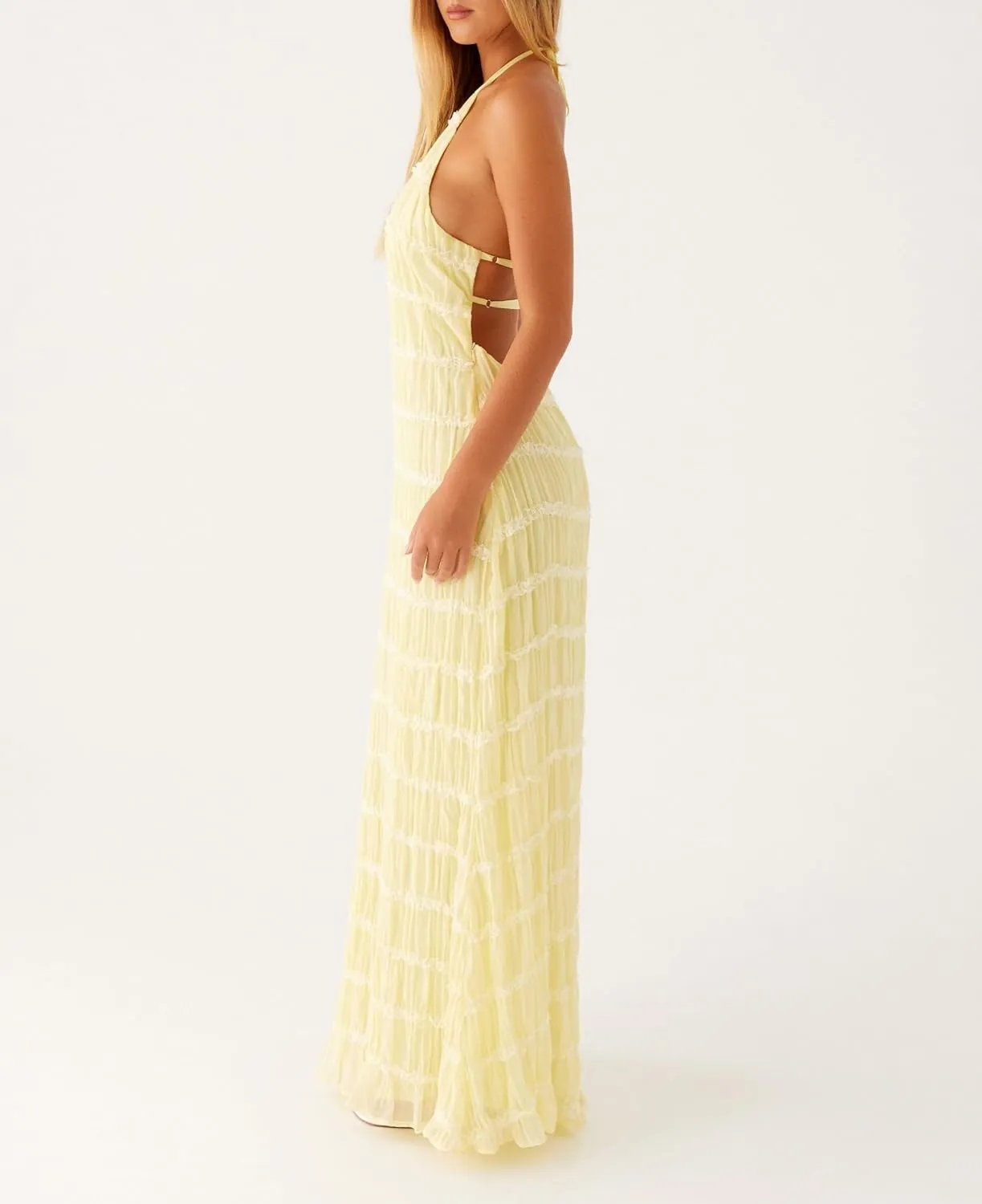 Sastianaen Women Summer Halter Neck Backless Maxi Dress Y2K Sexy Cut Out Flowy Tiered Ruffle Beach Long Dress