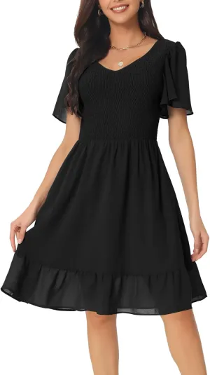 Seta T Women's Summer Chiffon Dresses Smocked V Neck Flutter Short Sleeve Flowy Casual Dress with Pockets