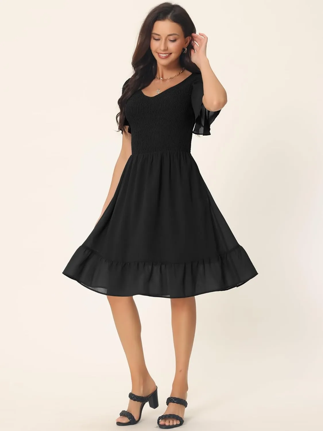 Seta T Women's Summer Chiffon Dresses Smocked V Neck Flutter Short Sleeve Flowy Casual Dress with Pockets