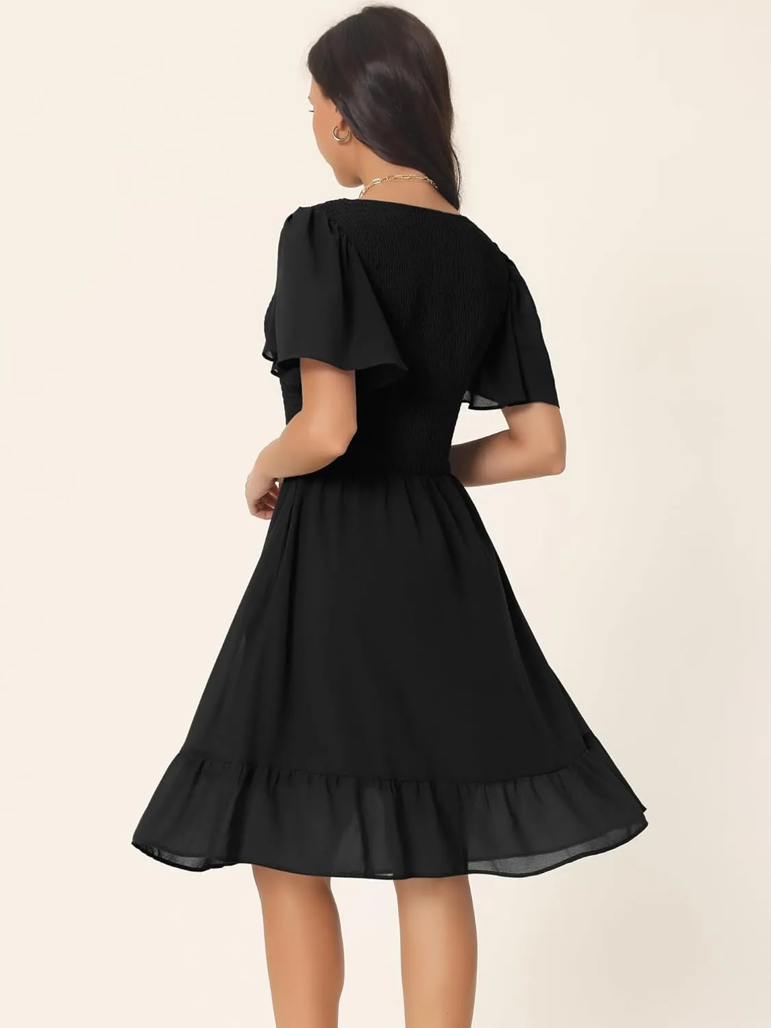 Seta T Women's Summer Chiffon Dresses Smocked V Neck Flutter Short Sleeve Flowy Casual Dress with Pockets
