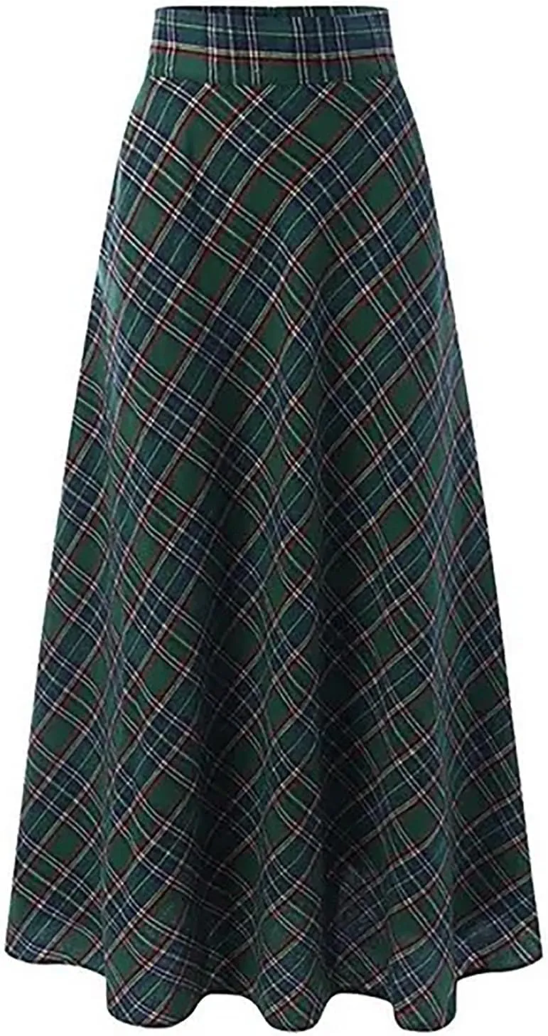 Sheface Women's Plaid Maxi Skirt High Waist Casual Tartan Pleated A-Line Long Skirt with Pockets
