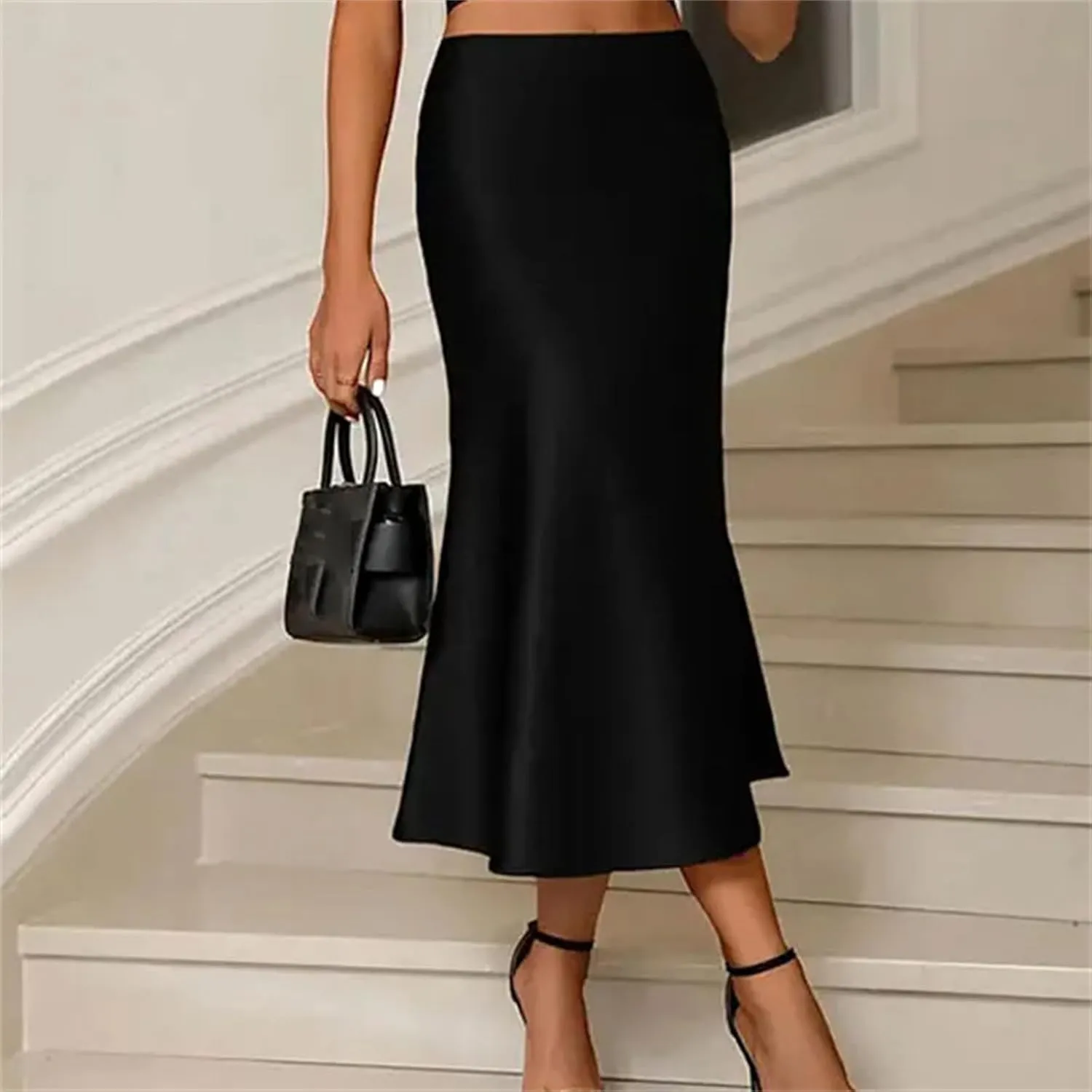 Silk Satin Skirts for Women, Office High Waist A-Line, Fashion Elegant Solid Long Pencil