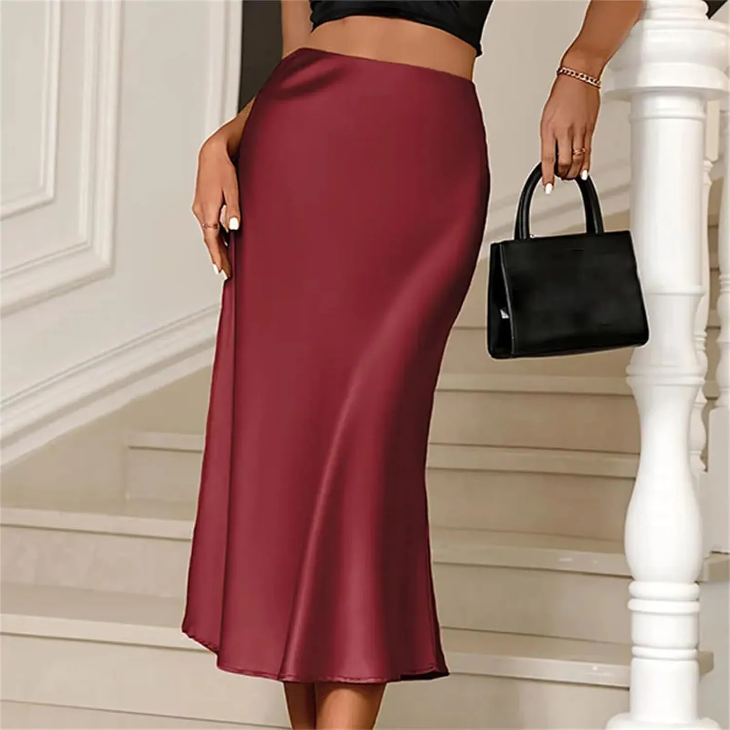 Silk Satin Skirts for Women, Office High Waist A-Line, Fashion Elegant Solid Long Pencil