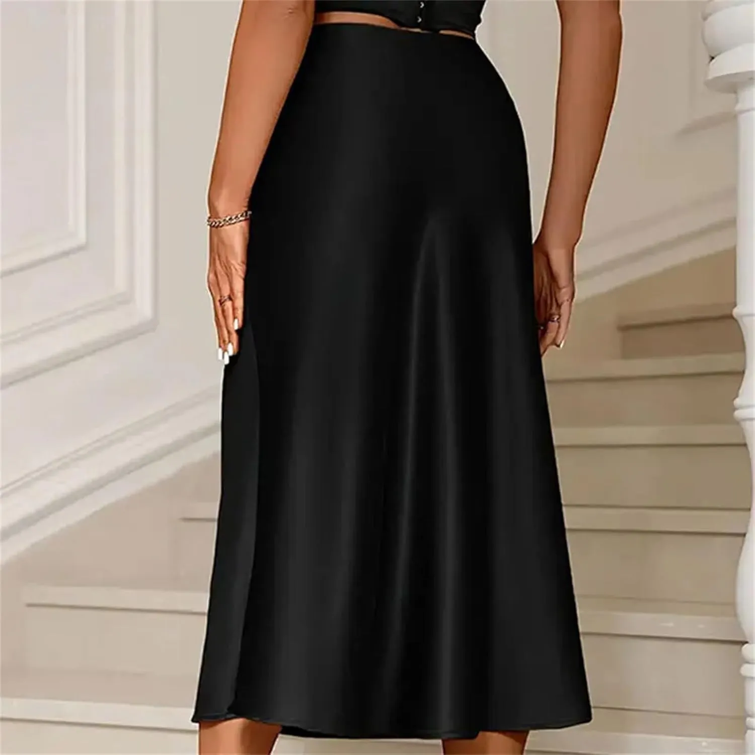 Silk Satin Skirts for Women, Office High Waist A-Line, Fashion Elegant Solid Long Pencil