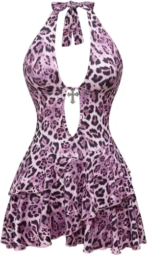 SOLY HUX Women's Leopard Print Halter Dress Y2k Gothic Deep V Neck Layered Ruffle Mini Dresses
