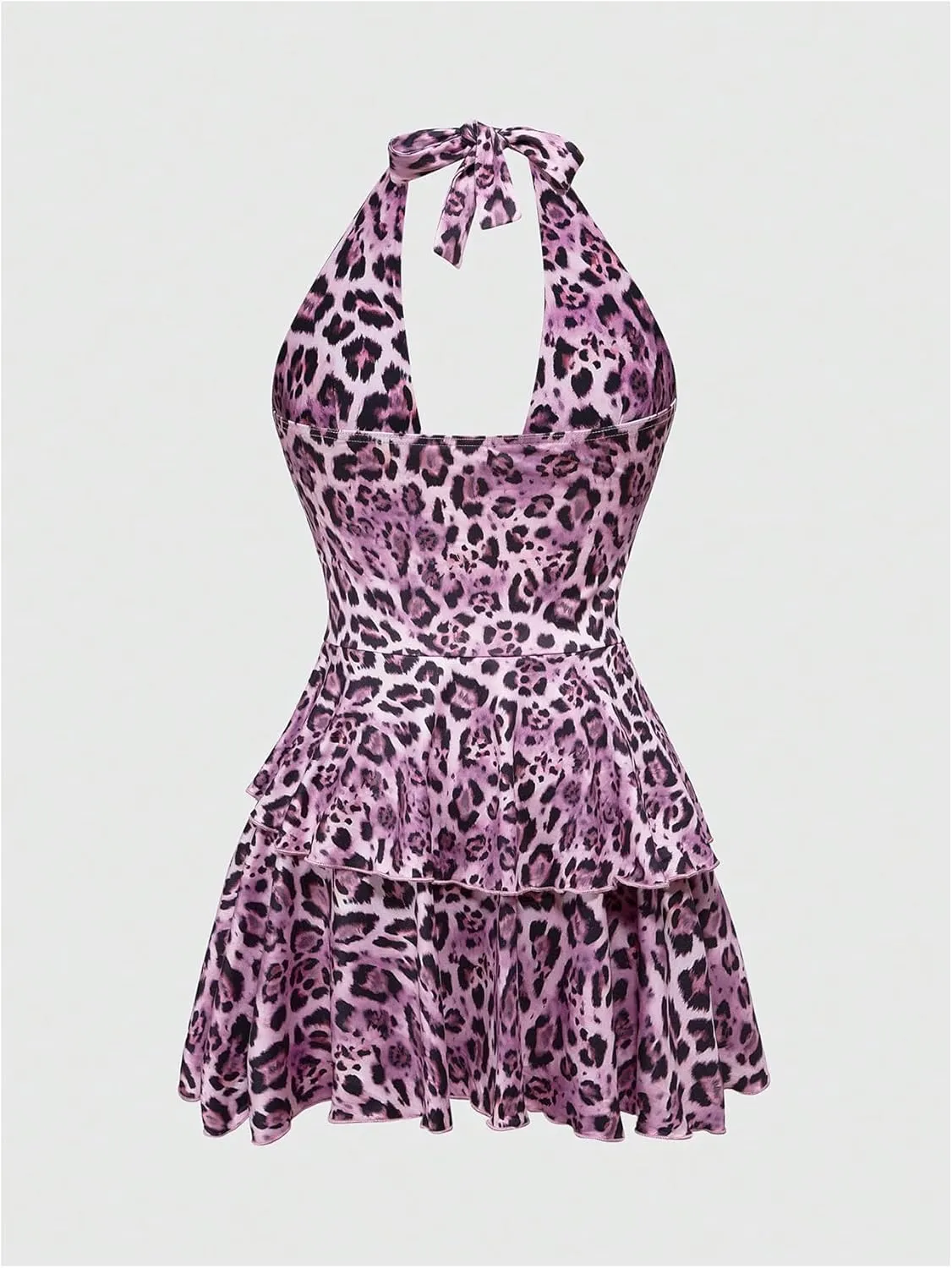 SOLY HUX Women's Leopard Print Halter Dress Y2k Gothic Deep V Neck Layered Ruffle Mini Dresses