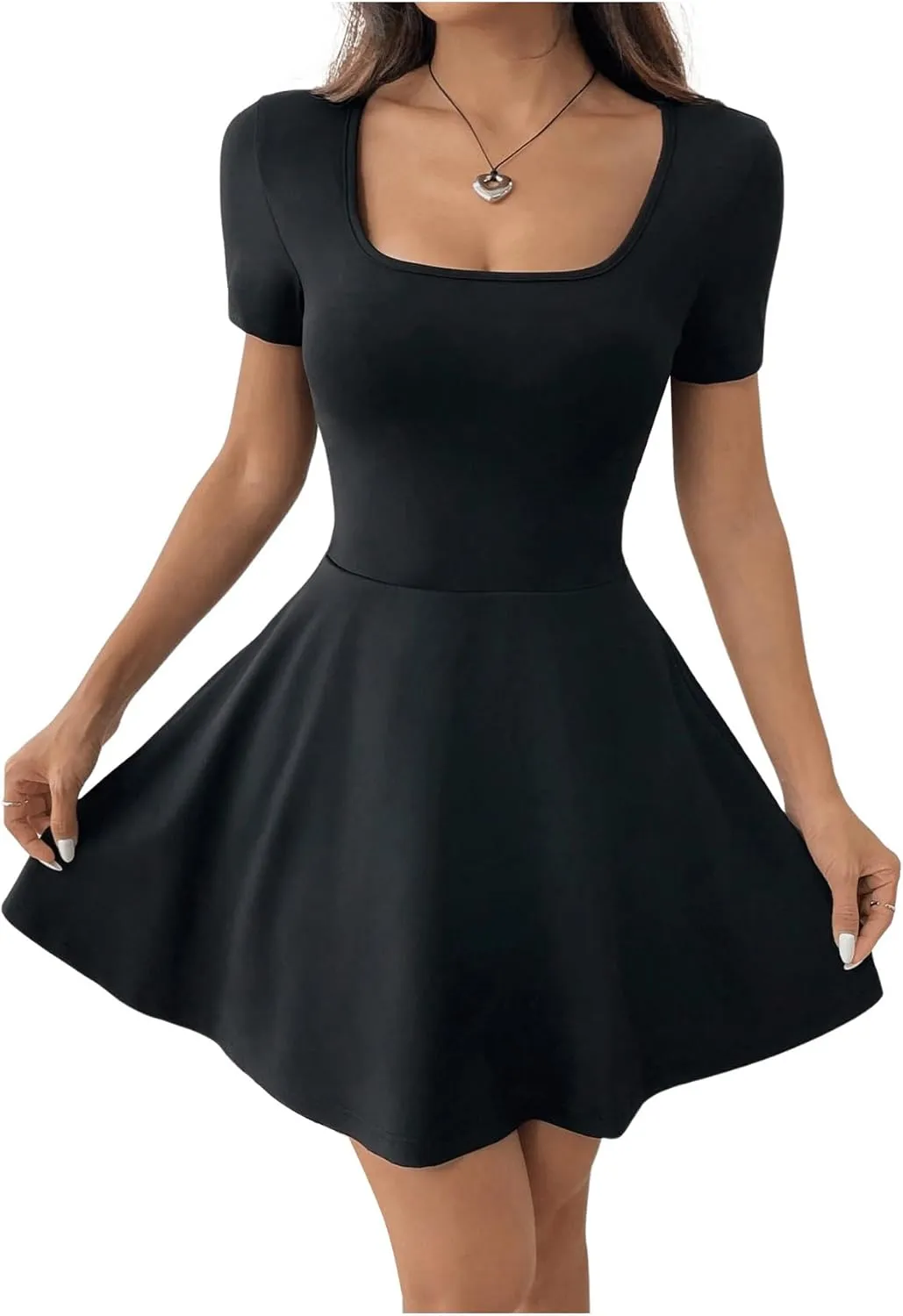 SOLY HUX Women's Mini Dress Square Neck Short Sleeve Ruffle Hem Dresses with Built in Shorts