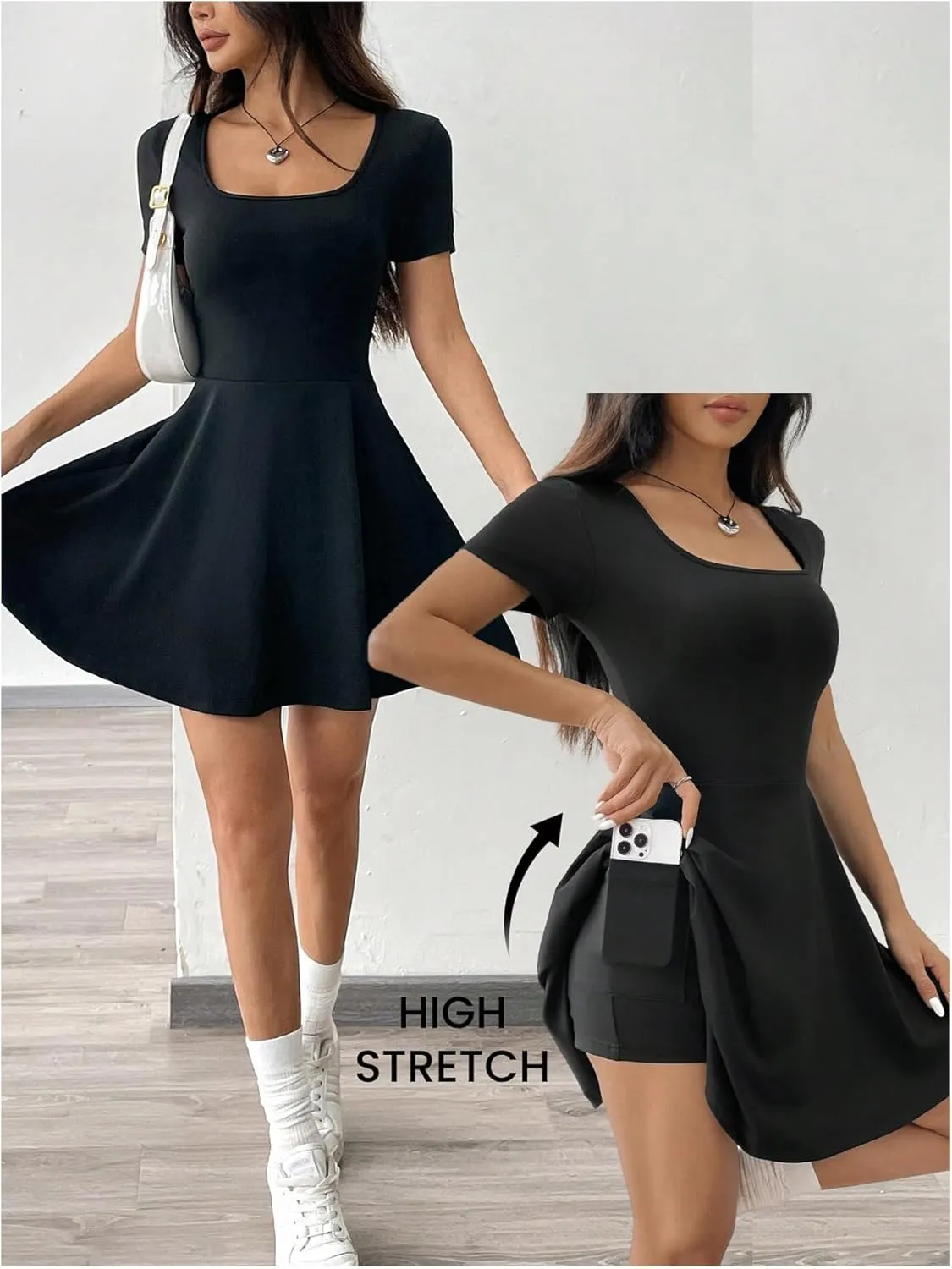 SOLY HUX Women's Mini Dress Square Neck Short Sleeve Ruffle Hem Dresses with Built in Shorts
