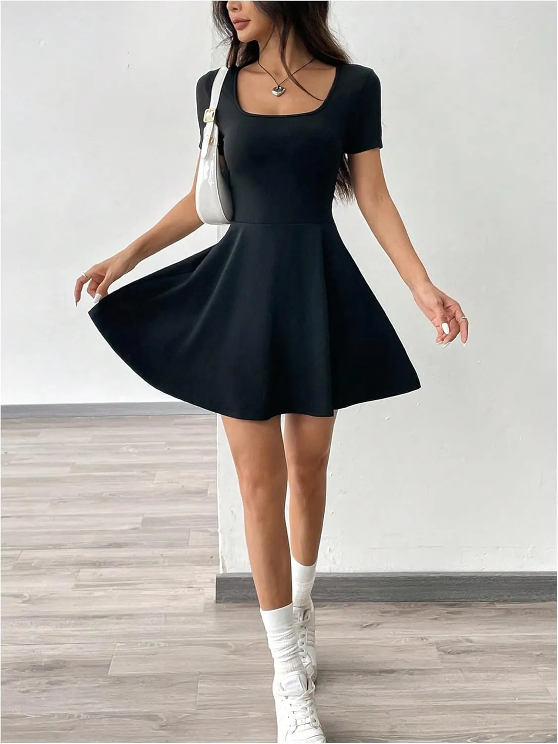 SOLY HUX Women's Mini Dress Square Neck Short Sleeve Ruffle Hem Dresses with Built in Shorts