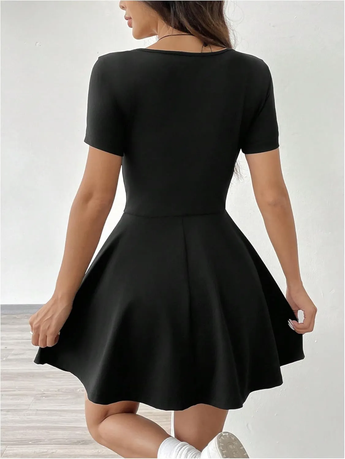 SOLY HUX Women's Mini Dress Square Neck Short Sleeve Ruffle Hem Dresses with Built in Shorts