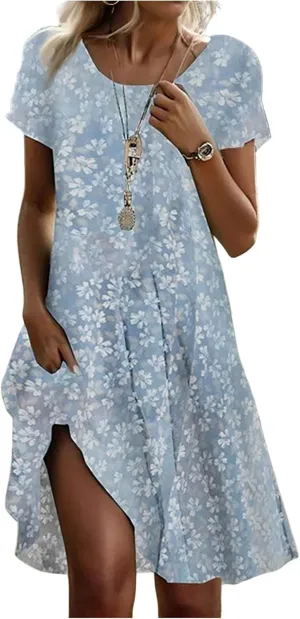 Spring Dresses for Women 2025 Trendy Graphic Printed Short Sleeve Scoop Neck Loose Bohomian Dress