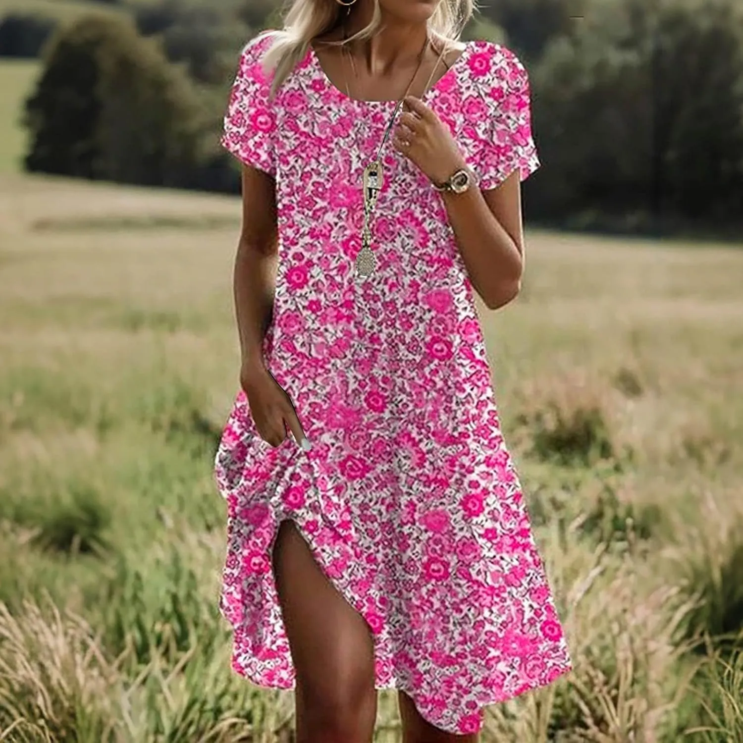 Spring Dresses for Women 2025 Trendy Graphic Printed Short Sleeve Scoop Neck Loose Bohomian Dress