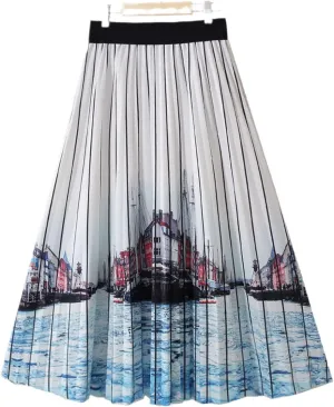 Spring Summer Fashion Midi Long Pleated Skirt Women Korean Style Mid-Length High Waist A Line Skirt Female