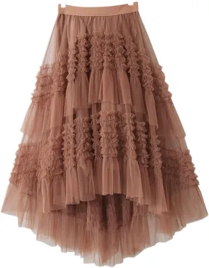 Spring Summer Korean Irregular Meshes Tulle Laciness Midi Long Pleated Skirt Women High Waist A Line Skirt Female