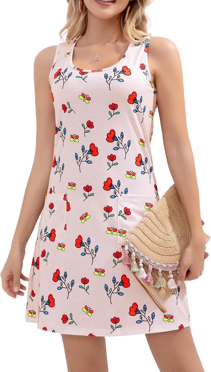 Summer Dresses for Women 2025 Beach Vacation Casual Loose Sleeveless T Shirt Dress Floral Sundresses with Pockets