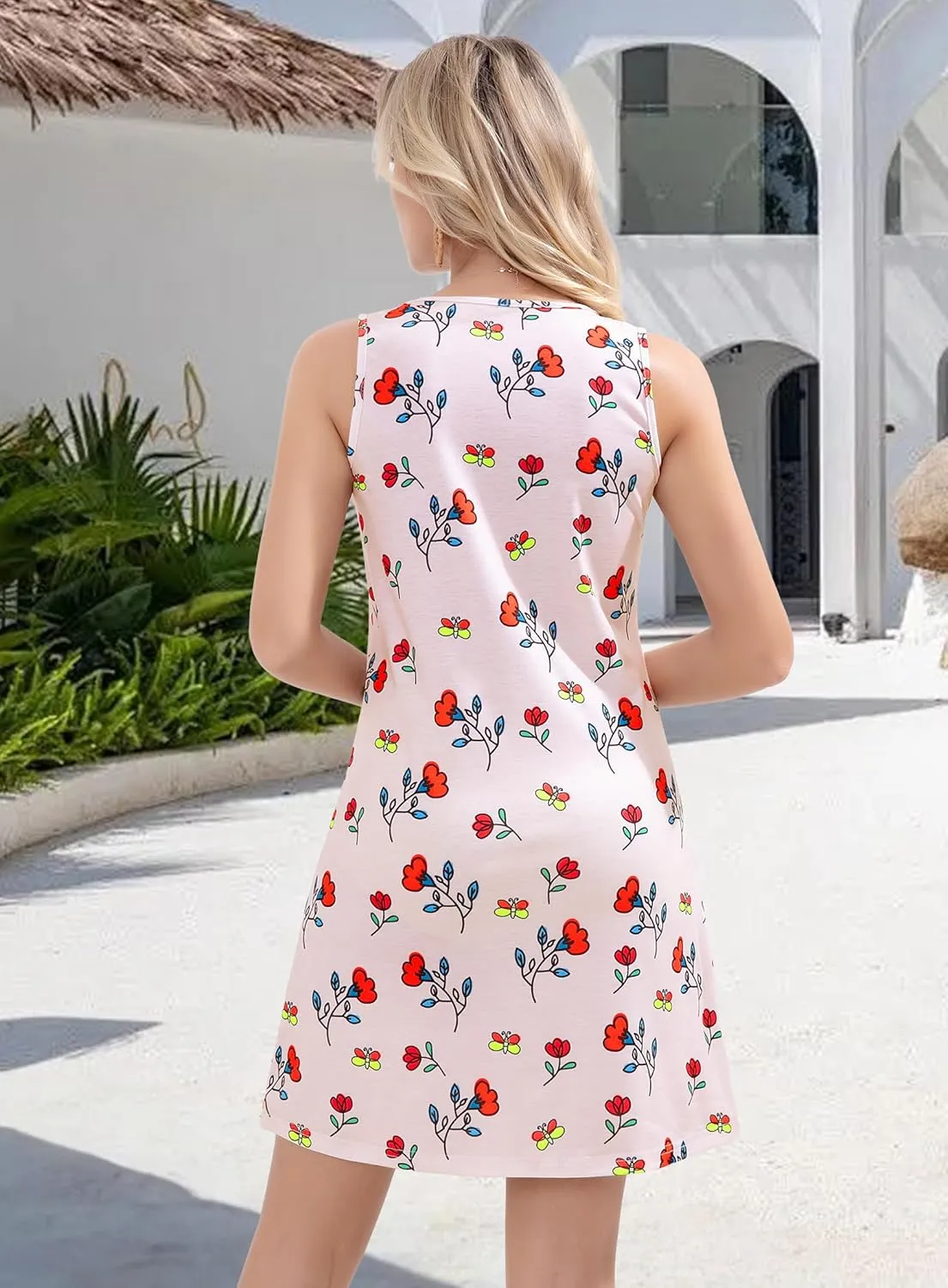 Summer Dresses for Women 2025 Beach Vacation Casual Loose Sleeveless T Shirt Dress Floral Sundresses with Pockets