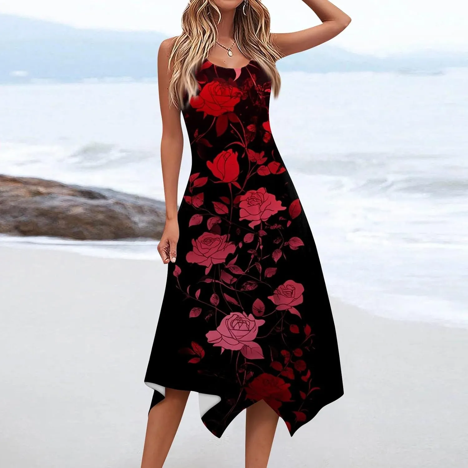 Summer Dresses for Women 2025 Casual Loose Sleeveless Crewneck Sundresses Trendy Solid Color Flowy Hem Tank Dress