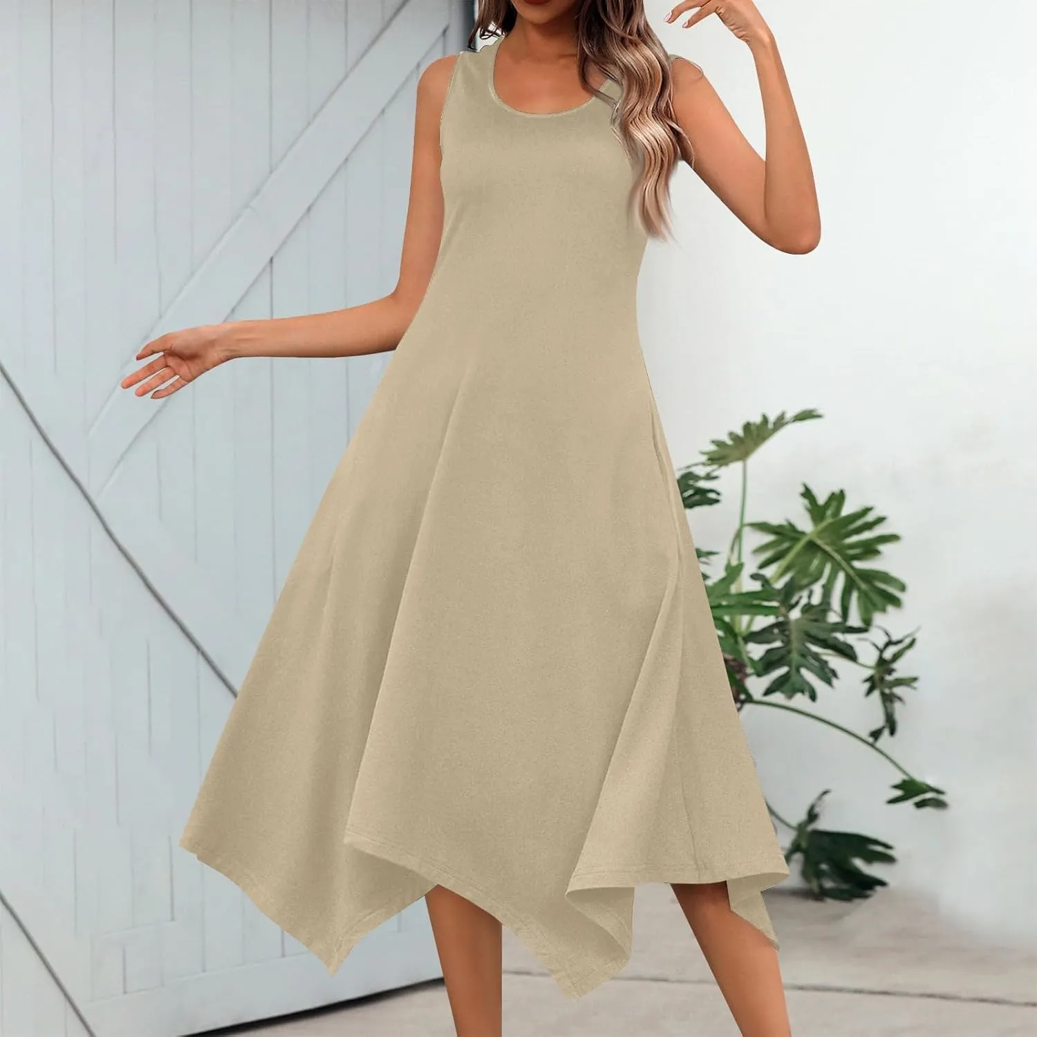 Summer Dresses for Women 2025 Casual Loose Sleeveless Crewneck Sundresses Trendy Solid Color Flowy Hem Tank Dress