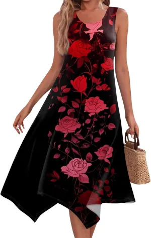 Summer Dresses for Women 2025 Casual Loose Sleeveless Crewneck Sundresses Trendy Solid Color Flowy Hem Tank Dress