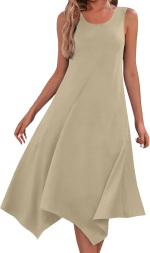 Summer Dresses for Women 2025 Casual Loose Sleeveless Crewneck Sundresses Trendy Solid Color Flowy Hem Tank Dress