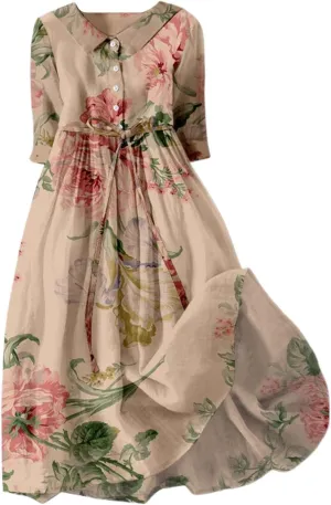 Summer Dresses for Women 2025 Maxi Button Down Plus Size A Line Dress Trendy Beach 3/4 Sleeve Boho Ruffle Floral Dress