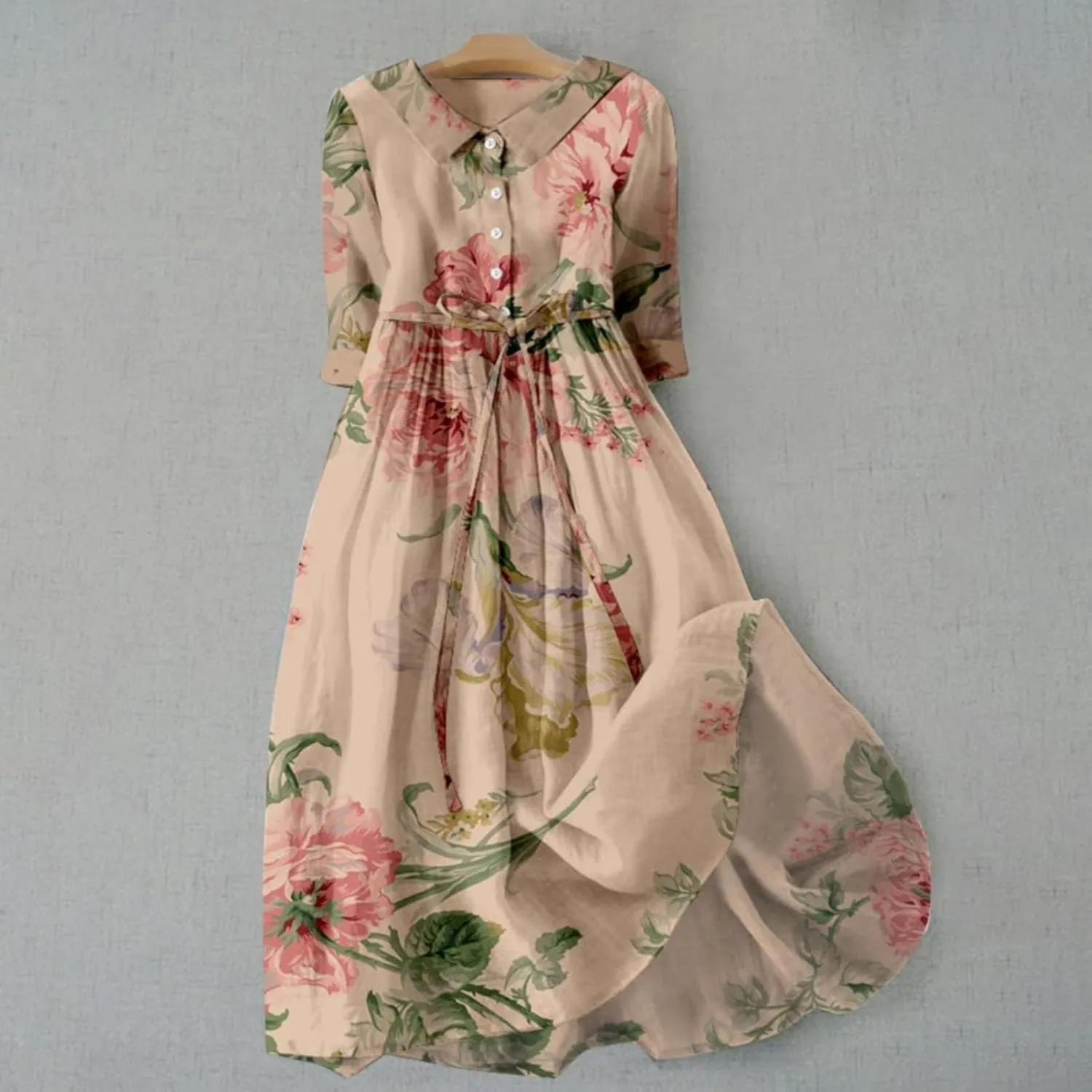 Summer Dresses for Women 2025 Maxi Button Down Plus Size A Line Dress Trendy Beach 3/4 Sleeve Boho Ruffle Floral Dress