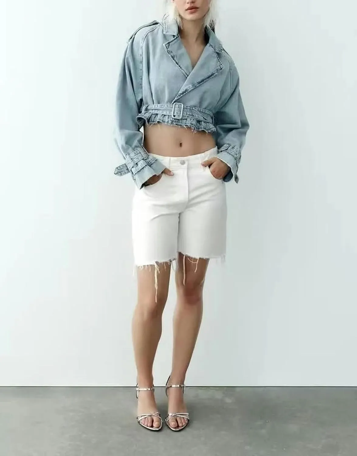 Summer retro washed distressed belted lapel loose denim short jacket