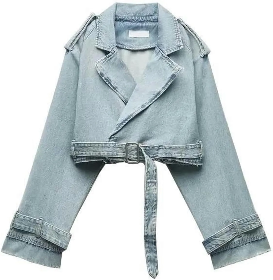 Summer retro washed distressed belted lapel loose denim short jacket