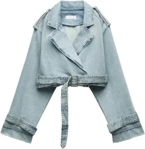 Summer retro washed distressed belted lapel loose denim short jacket