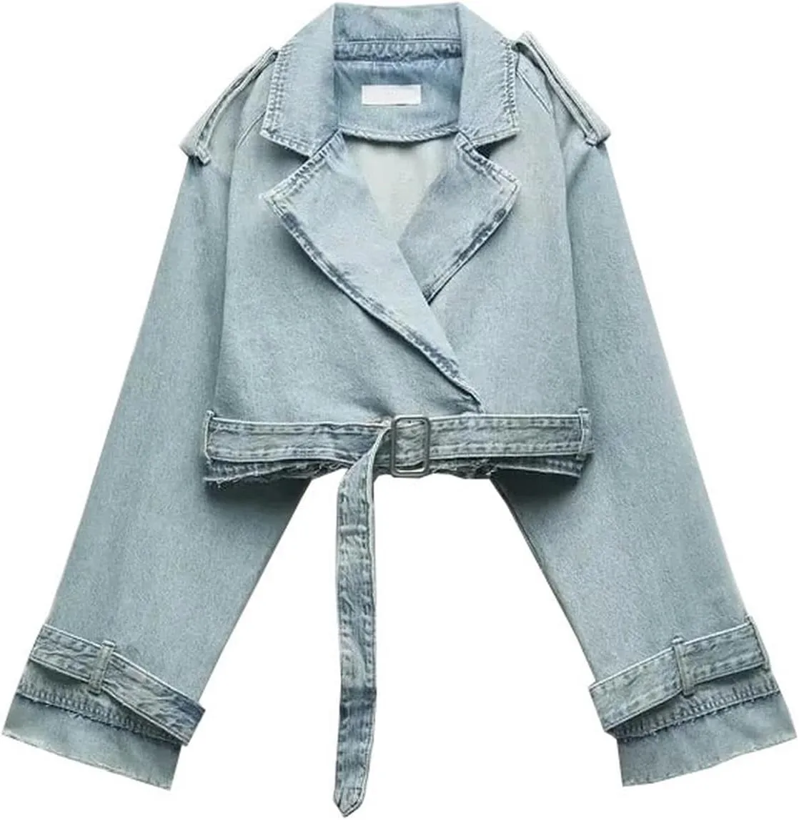 Summer retro washed distressed belted lapel loose denim short jacket