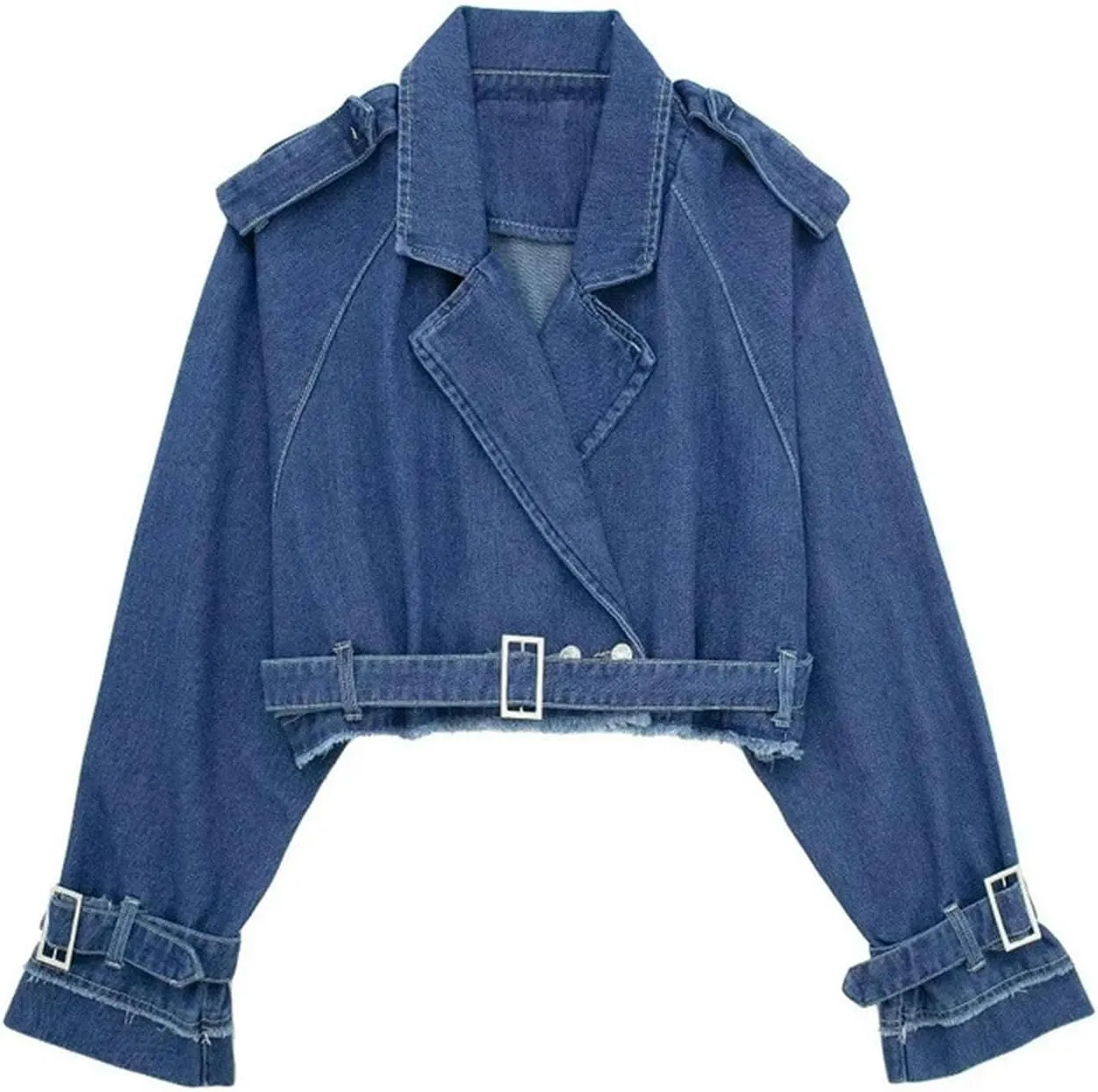 Summer retro washed distressed belted lapel loose denim short jacket