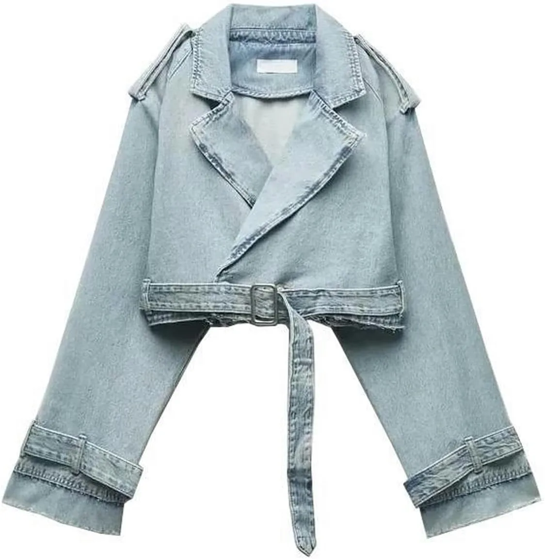 Summer retro washed distressed belted lapel loose denim short jacket